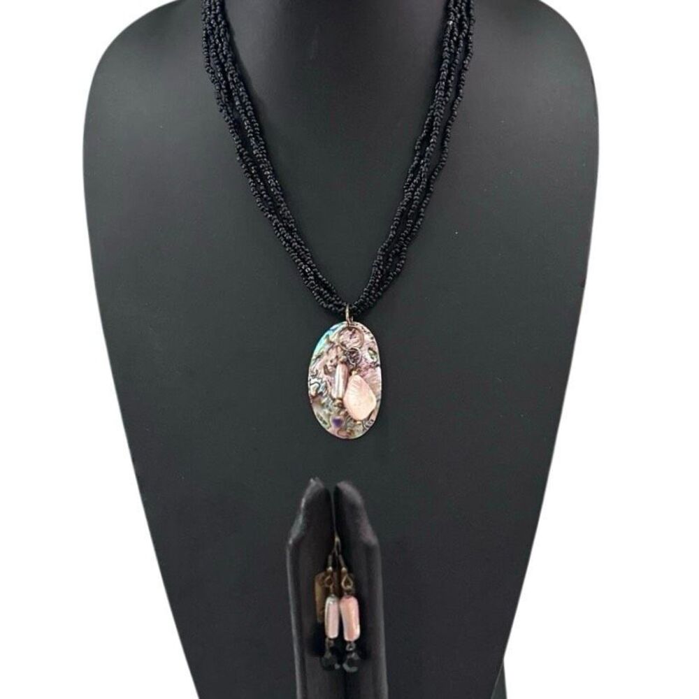 Artisan Beaded Pendant Necklace & Earrings Set Black Multi-strand Abalone Shell